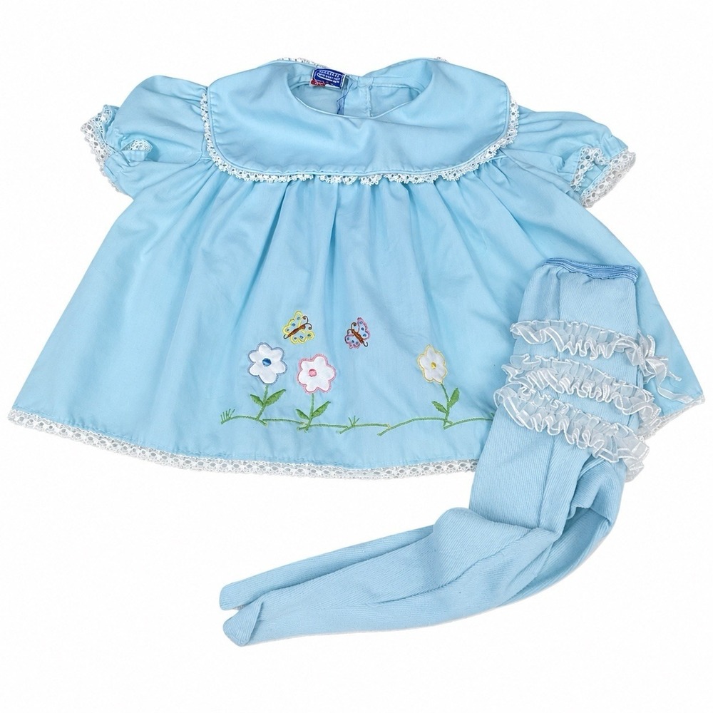 Vintage Baby Dress Girls 9-12M Blue Floral Embroidered Peter Pan Puff Sleeve